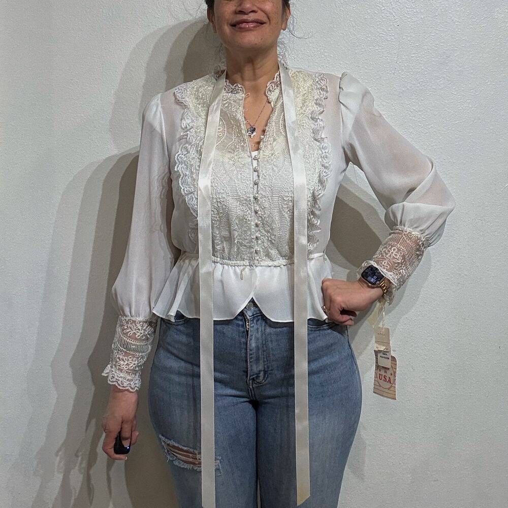 Palais Royal 70's Ivory Lace Vintage Peplum Blouse Sz 12 NWT
